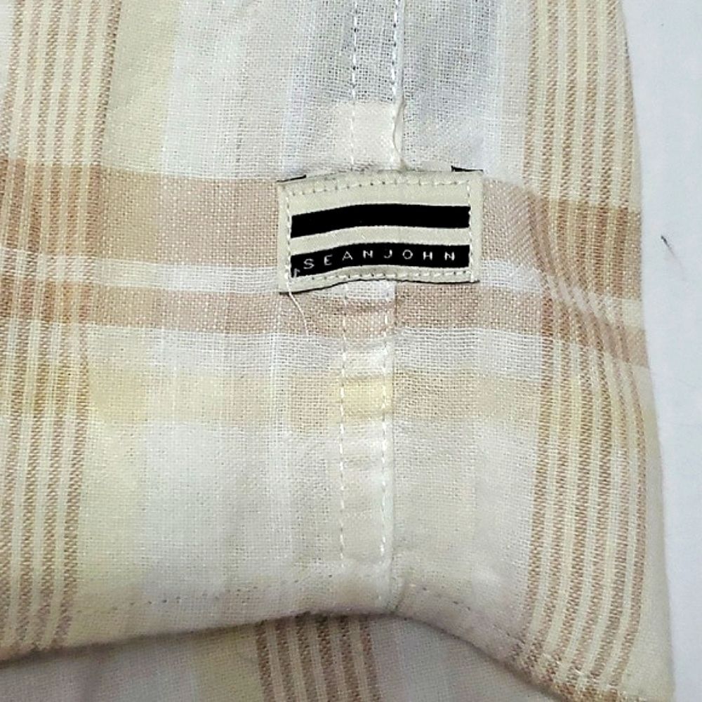 Sean John White & Tan Windowpane Plaid Button Up Shirt Linen Blend Nautical 3XL - Picture 7 of 9